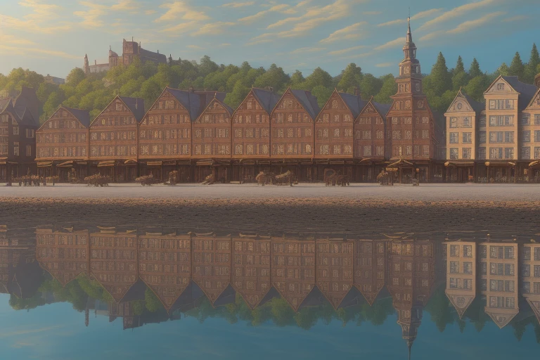 a provincial town in the 19th century on the shore of the sea bay, (crossroads), a bar, a hotel, (best quality,4k,8k,highres,masterpiece:1.2),ultra-detailed, detailed architecture, cobblestone streets, wood buildings, brick buildings, ornate facades, sun day