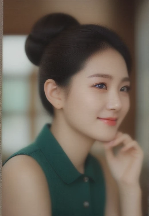 close up, Side view of beautiful Korean woman, 34 inch chest size, Hair Bun, Wear a well-fitting polo shirt, Smile, Put your chin on one hand, In a tea house, Bokeh background, Polaroid photos, Ultra HD