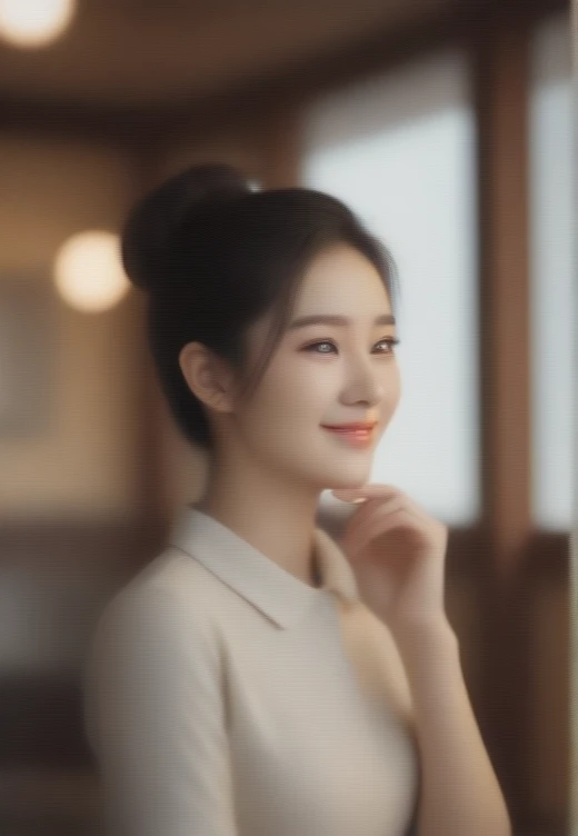 close up, Side view of beautiful Korean woman, 34 inch chest size, Hair Bun, Wear a well-fitting polo shirt, Smile, Put your chin on one hand, In a tea house, Bokeh background, Polaroid photos, Ultra HD