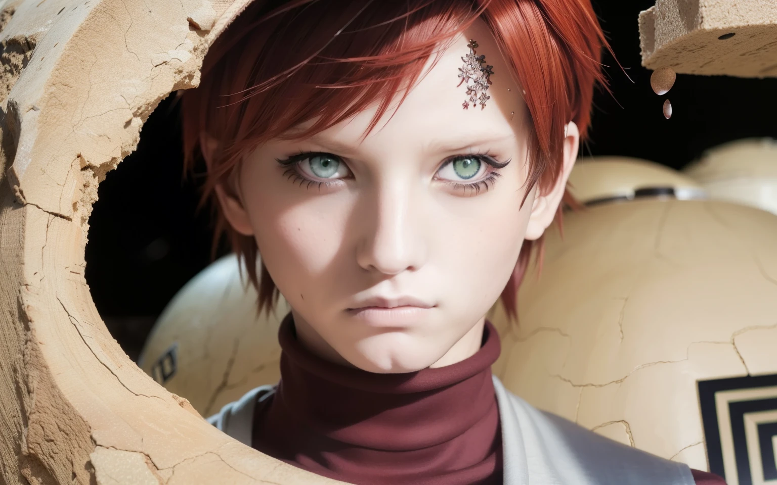 Red Hair、Green Eyes, Full Eyeshadow, Chestnut Hair, Sand Barrel, Maroon turtleneck with silver shoulders, kazekage I love Rowe, I love Rowe, anime, anime naruto, Landscape Photography, Cool face