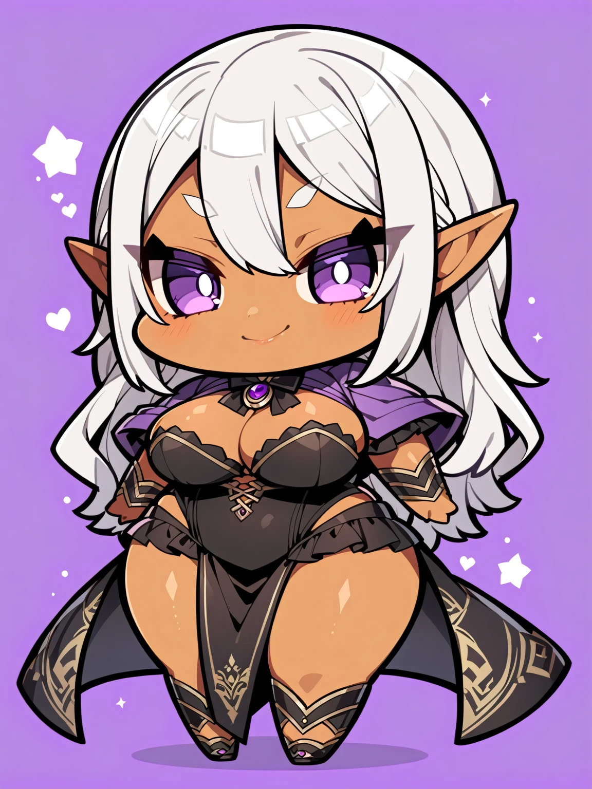 {{{kame (kamepan44231), full body, no humans, chibi, jitome, fumo (doll)}}}, 1 woman, elf, solo, tan skin, silver hair, purple eyes, lips, , curvy, smirk, cruel, looking at viewer, black victorian dress, purple cloak, blank background, white background.