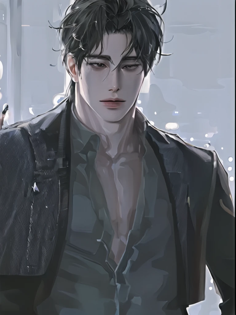 anime boy,realistic anime,black haired boy looking at camera,wearing a black jacket,perfect,handsome,