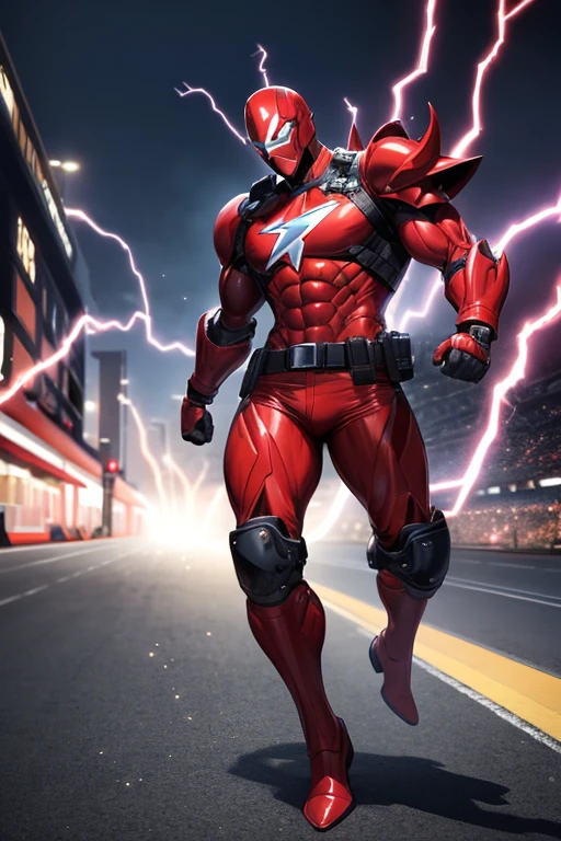 ((mejor calidad)), ((Obra maestra)), (detallado), 1 man, full body, 30s, black masks, red helmet that covers his entire head, smooth helmet, helmet with a flashlight on his forehead, black collar, tall and muscular, very large, red armor, 2 large tubes, transparent electricity tubes on his chest, large red gloves, red wristbands, red suit, fist emblem with lightning bolts on his chest, fist, red pants, black knee pads, metallic red boots, superhero belt, lightning bolts in the air, hitting the track, lightning bolts come out, night city background, anime