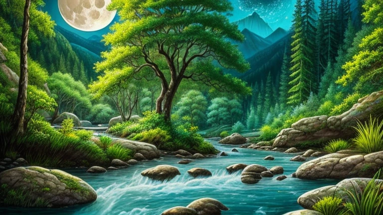 A painting of a crystal clear mountain river flowing through a forest. Ilustración de un landscape hiperrealista.  from another world, ultrasky scene featuring a full-length giant crystal tree,very detailed and magical moon lighting, intricate forest details, vegetation and river around, Lunar punk ,landscape, giant tree, Beautiful leafy with beautiful lunar lighting and realistic proportions., as if it were a cinematic background, 8K, of the highest quality, masterpiece, full moon and stars in the sky.