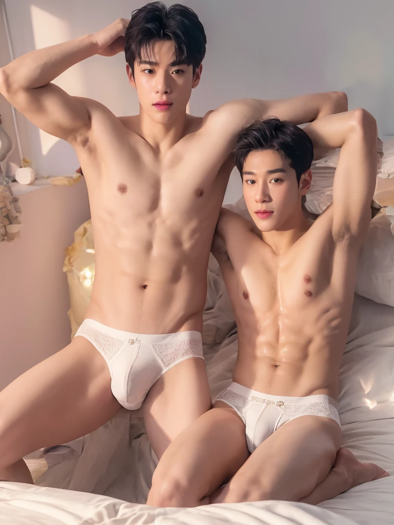 two male, handsome, topless, white Jockstrap or thong, summer,(CGI ART:1.3),(REALISTIC:1.5), 8K, shiny skin, bedroom