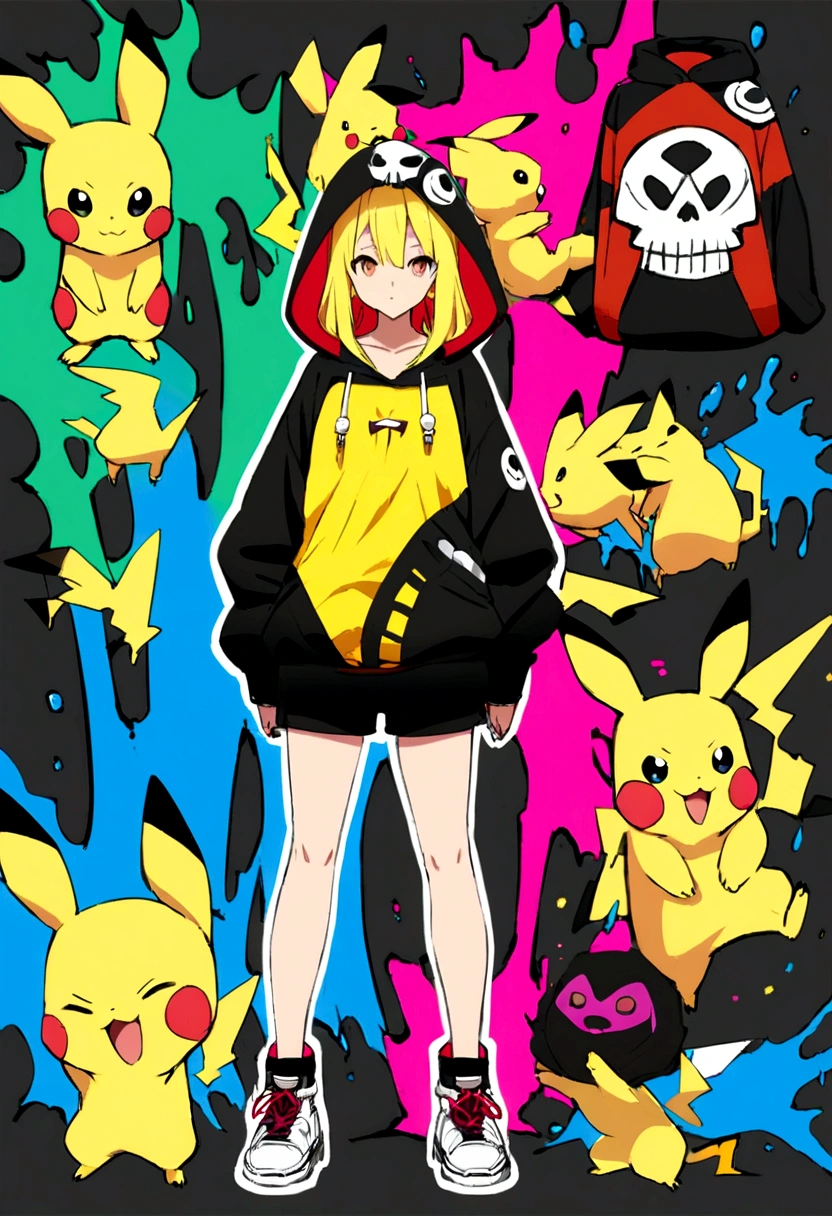 concept art anime, vibrant and colorful image, we see a character who appears to be Pikachu from the Pokémon franchise. is in front of a scene that resembles a graffiti wall with splashes of pink, blue and yellow paint. Pikachu is dressed in a black hoodie with red lining, a yellow shirt underneath, and black shorts. Adding to her unique look are her white sneakers. skull design on the hood. environment with clouds of dust, 