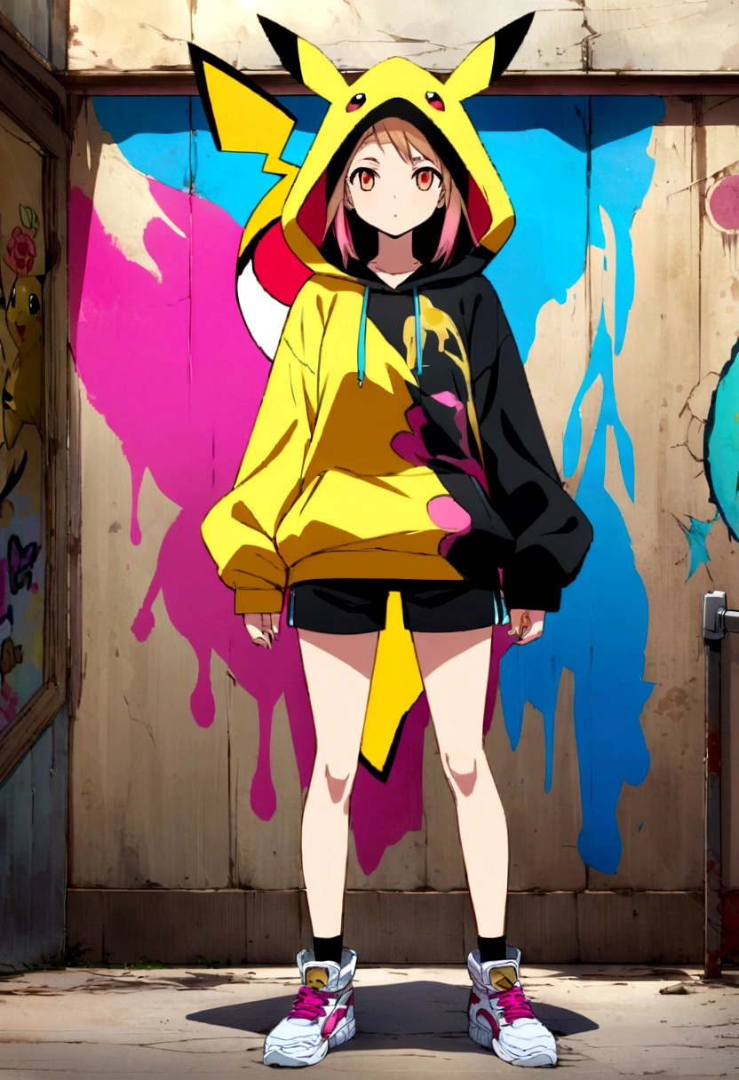 concept art anime, vibrant and colorful image, we see a character who appears to be Pikachu from the Pokémon franchise. is in front of a scene that resembles a graffiti wall with splashes of pink, blue and yellow paint. Pikachu is dressed in a black hoodie with red lining, a yellow shirt underneath, and black shorts. Adding to her unique look are her white sneakers. skull design on the hood. environment with clouds of dust,