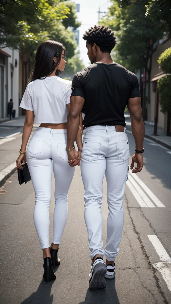 A black man and asian woman walking together while holding hands facing the same direction. Back view of both people.

Man that has bright brown skin tone, black hair, blue eyes, and he is muscular. He's wearing a black t-shirt and black cargo pants.

Woman with white skin tone, brown eyes, and brown hair. She has a curvy, hour glass body frame. She wears a white crop top and white jeans.