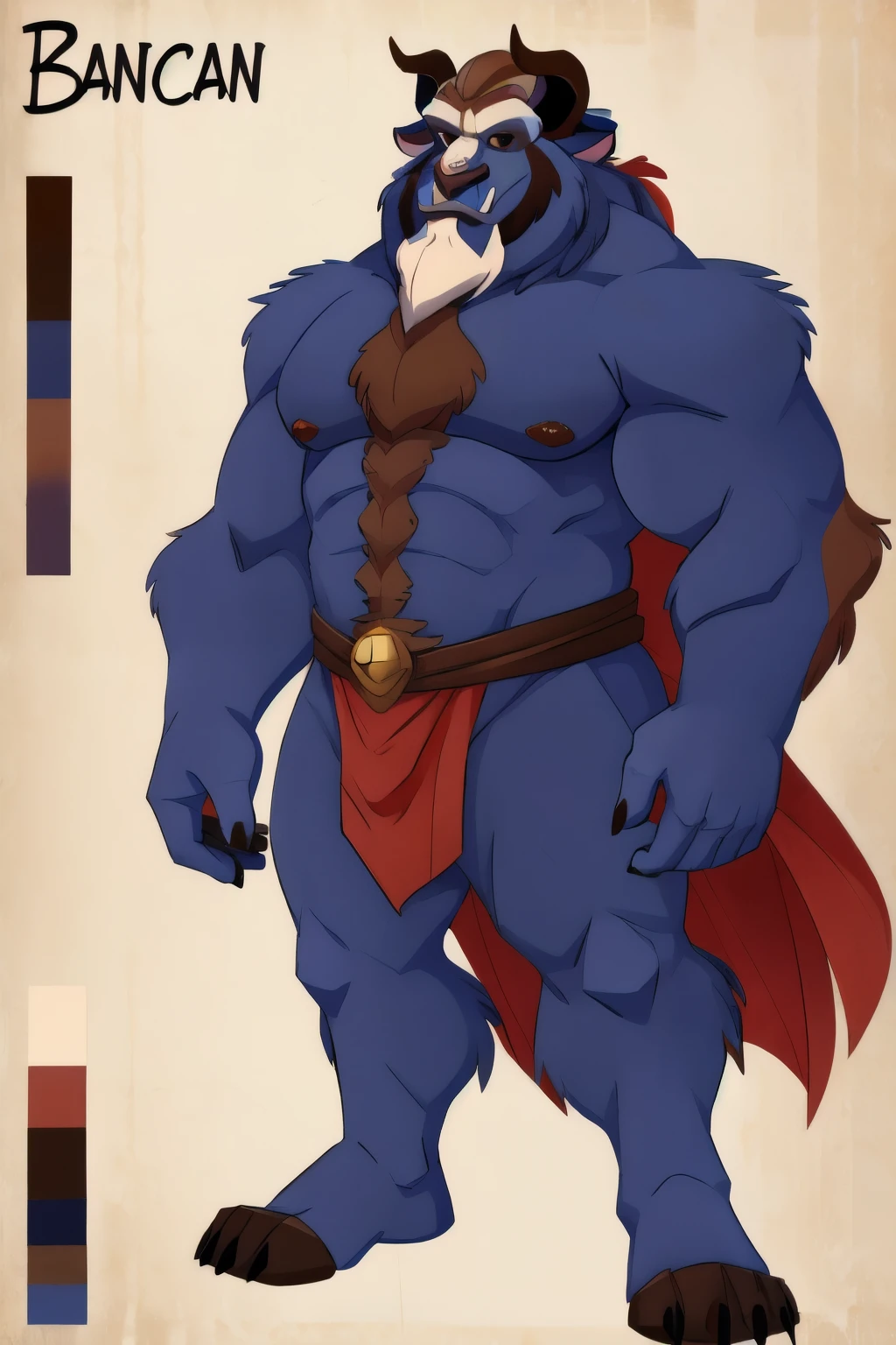 beast(Disney) fur full body with beard ((con pocas canas)), alone, front view, horns, big cock, ((front and side on reference sheet))