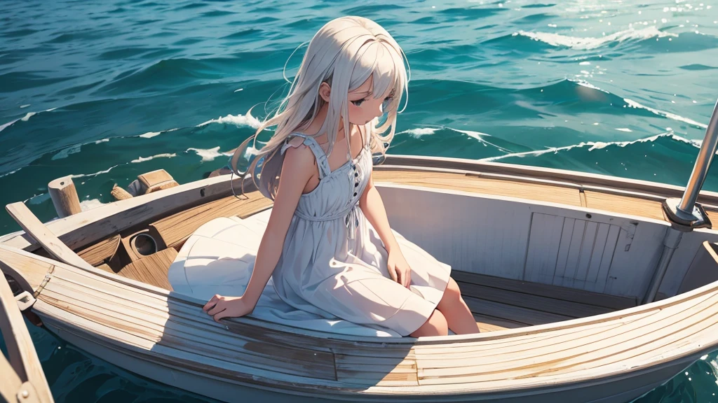 a girl in a white sundress sits on a boat on the shore and touches the water with her hand