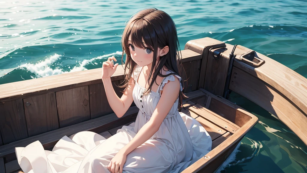 a girl in a white sundress sits on a boat on the shore and touches the water with her hand