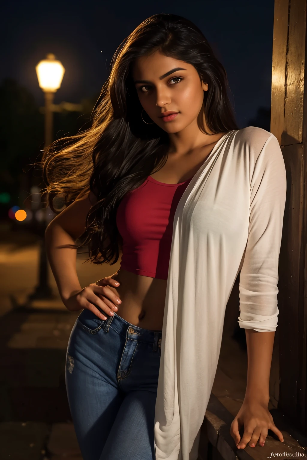 Portrait of A confident-looking indian girl with long flowing hair, hazel eyes, perfect composition, hyperrealistic, super detailed, 8k, high quality, trending art, looking for a love amd passion, night light, lamp post