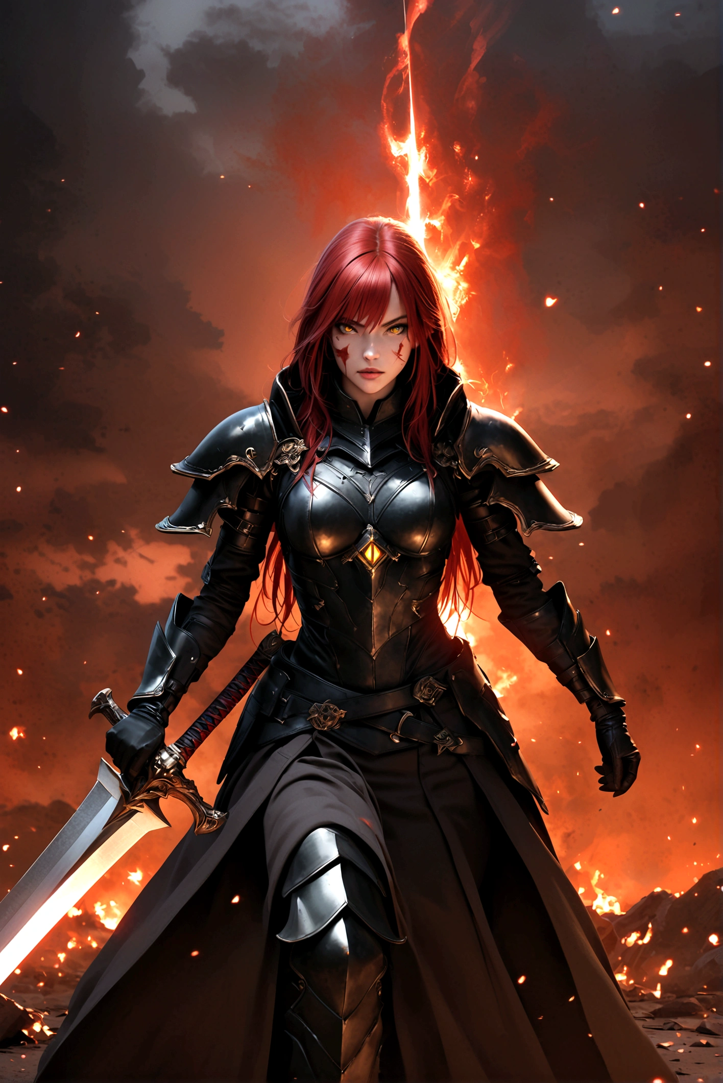 best quality,4k,8k,highres,masterpiece:1.2),ultra-detailed,(realistic,photorealistic,photo-realistic:1.37),Human inquisitor,female,long red hair,scars on face,yellow eyes,black armor,coat,majestic,arrogant,evil,dark fantasy,sword,threatening shadows,dark and ominous atmosphere,crimson background,sharp reflections on the armor,glowing runes on the sword,smoke swirling around the inquisitor,sinister expression on the face,intense gaze,haunting aura,ominous storm clouds,menacing presence,droplets of blood on the sword,ferocious stance,mysterious symbols on the armor,ashes and embers floating in the air,dramatic lighting casting deep shadows,ominous whispers in the background.