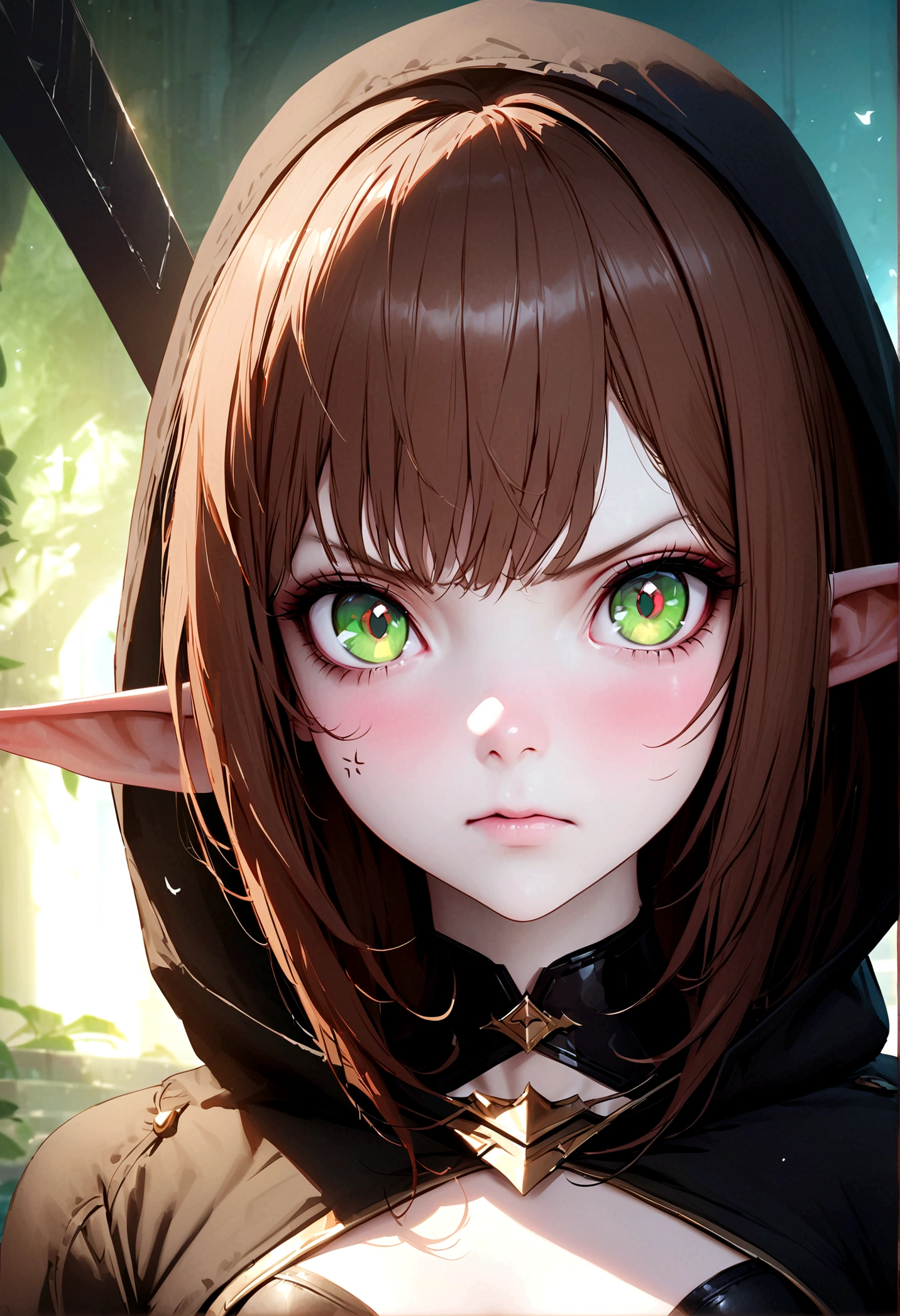 (best quality,4K,highres:1.2),Ultra-detail,realisti:1.37,portrait,Elfenfrau,pale skin,Brown hair,green eyes,long ears,angry,black short clothes,magical black broadsword,red eyes on the blade,dark fantasy,keen focus,studio lighting,Vivid colors, certainly, ruthless, succubus, camouflaged, Black mask, black hood