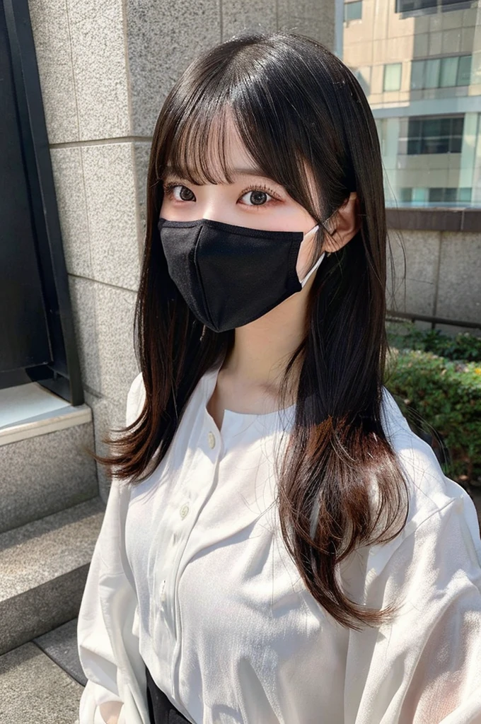 high resolution、8K、Bobcut、girl、Medium length、可愛いgirl、Japanese Idols、Age 25、Black Hair、beauty、Young Japanese Woman、Detailed、Highest quality、Black clothes、Boyish clothes、Wearing a white face mask、University生、Beautiful eyes、Red cheeks with blush、Double、School、University、Selfie