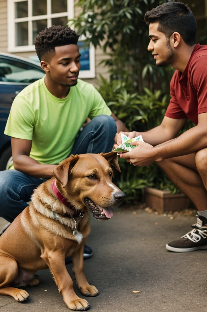Young man asking his dog for money to buy marijuana 