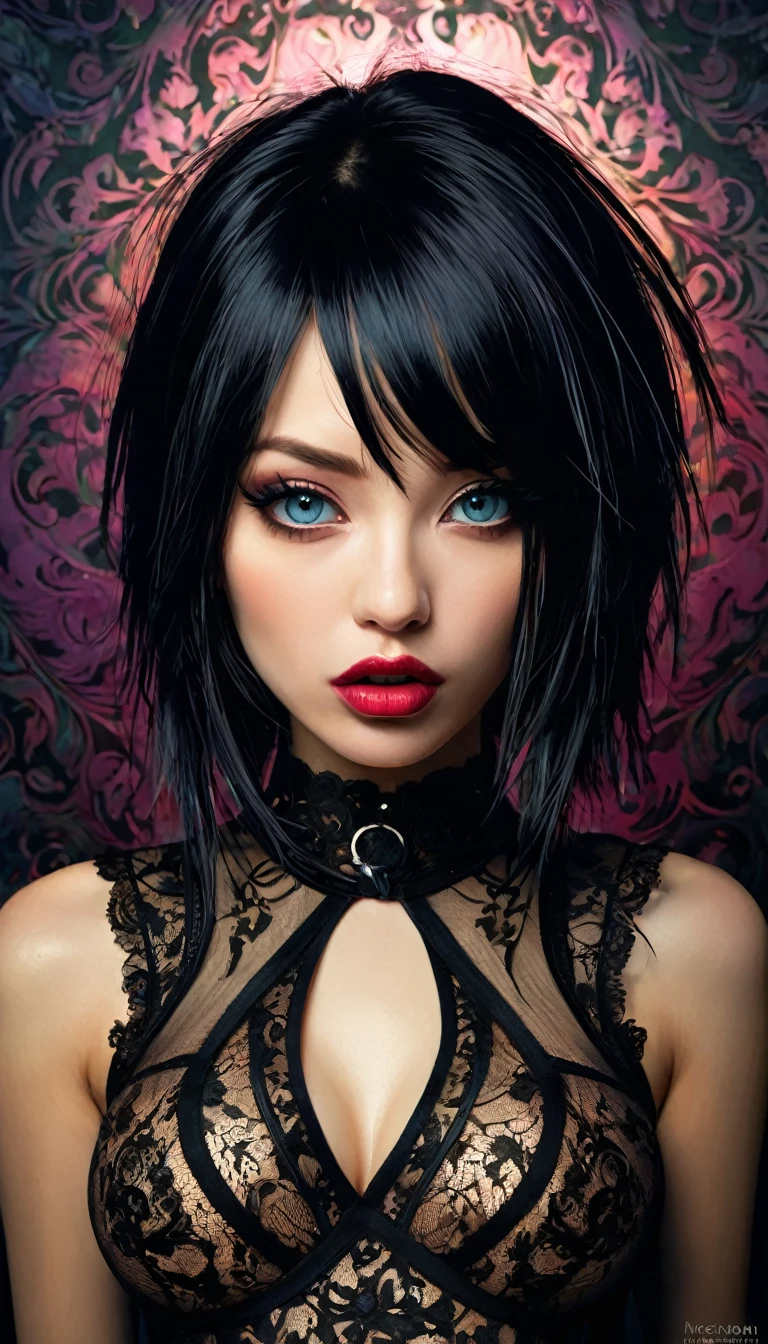 punk girl, eroticism, lingerie, sex sex sex (best quality,4k,8k,highres,masterpiece:1.2),ultra-detailed,(realistic,photorealistic,photo-realistic:1.37),intricate details,vivid colors,sharp focus,professional,Dave McKean artwork, oil touch of surrealism,oil painting style,portrait,woman,beautiful detailed eyes,beautiful detailed lips,dreamlike atmosphere,shadow play,soft lighting,playful pose,minimalist room,dark hues,ethereal background,fantasy elements,texture,layered composition.
