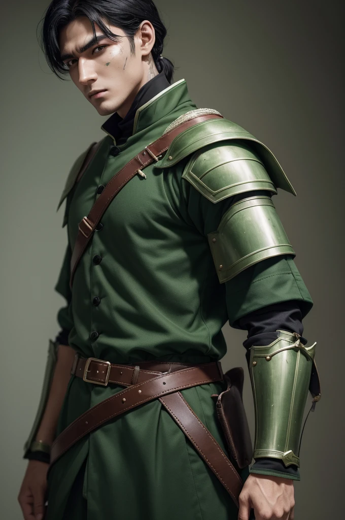 Man with black hair with a scar on his right cheek, in a green outfit with a belt holding a bow on her back. With a piece of armor and a cloth on the right shoulder.