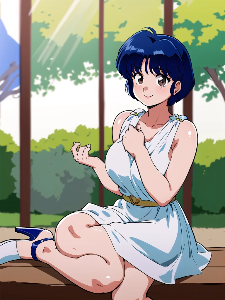 HDR, CG, sharp focus, (8k), (4k), masterpiece, best quality, detailed skin, extremely detailed, hiper detailed, sharp focus, looking at viewer, high quality, AKANE, Akane tendou, short hair, blue hair, brown eyes ,curtain pelvic DRESS, tetas grandes bush, solo, 1girl, sit on bench, park background, hands on chest, heels, white dress, cute smile, 
