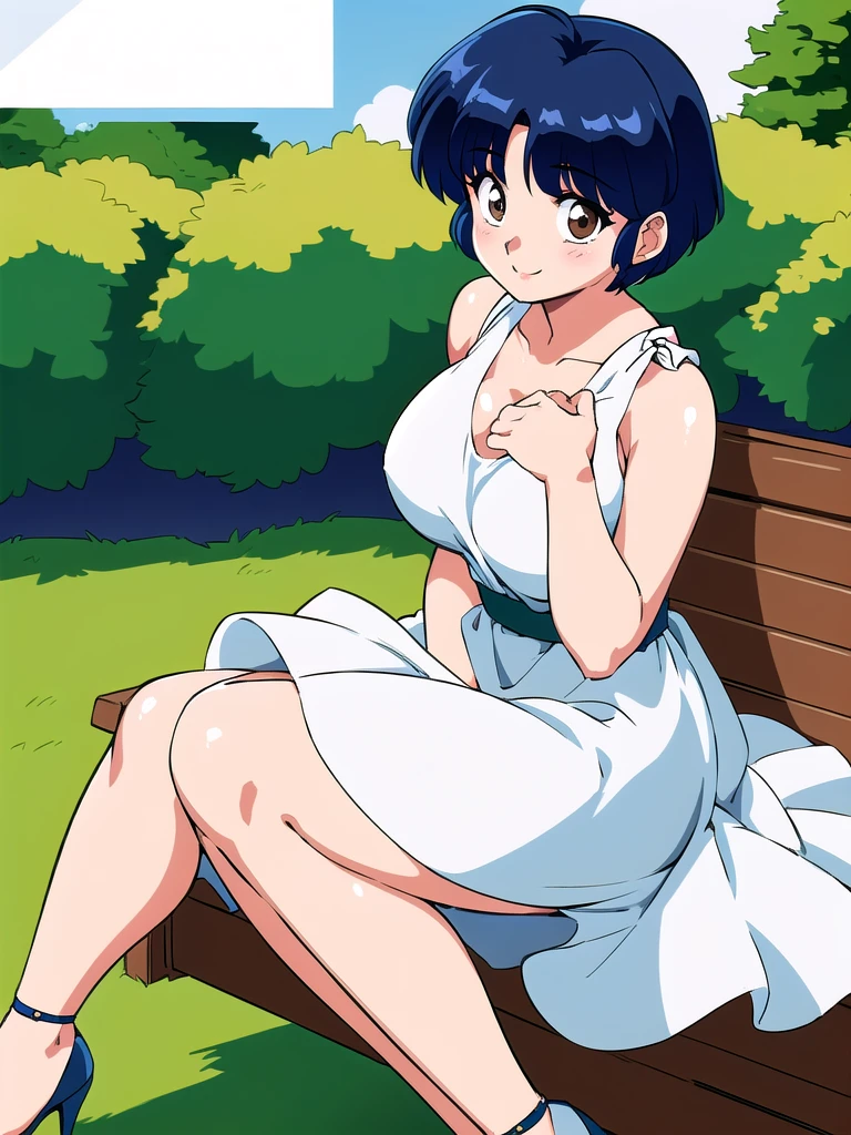 HDR, CG, sharp focus, (8k), (4k), masterpiece, best quality, detailed skin, extremely detailed, hiper detailed, sharp focus, looking at viewer, high quality, AKANE, Akane tendou, short hair, blue hair, brown eyes ,curtain pelvic DRESS, tetas grandes bush, solo, 1girl, sit on bench, park background, hands on chest, heels, white dress, cute smile,