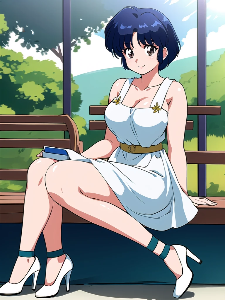 HDR, CG, sharp focus, (8k), (4k), masterpiece, best quality, detailed skin, extremely detailed, hiper detailed, sharp focus, looking at viewer, high quality, AKANE, Akane tendou, short hair, blue hair, brown eyes ,curtain pelvic DRESS, tetas grandes bush, solo, 1girl, sit on bench, park background, hands on chest, heels, white dress, cute smile, 
