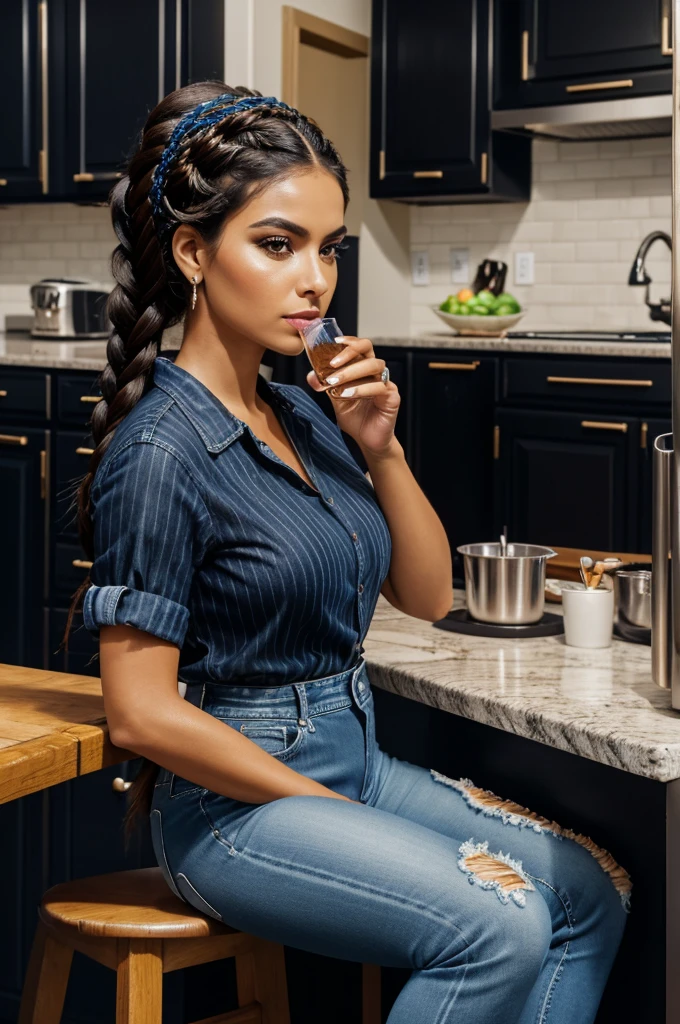 Prompt: 4k glossy oil painting of a Latino woman, flawless makeup up, Braided crown in jet black, wearing a blue striped shirt, dark blue denim jeans, blue Nike shoes, she's sitting at the kitchen table drinking a glass of chocolate milk out of a straw, background stove, cabinets, refrigerator, etc#promptsl,Apoloniasxmasbox,Negative prompt: four hands, four legs, crooked eyes,Steps: 8,Sampler: Euler a,KSampler: euler_ancestral,Schedule: normal,CFG scale: 0,Seed: 0,Size: 720x1080,VAE: pastel-waifu-diffusion.vae.pt,Denoising strength: 0.5,Clip skip: 0,Model: sd_xl_base_1.0,LoRA: Apolonias_XL_Christmas_Box,ADetailer model: face_yolov8s.pt,ADetailer prompt: ,ADetailer negative prompt: ,ADetailer confidence: 0.5,ADetailer dilate/erode: 4,ADetailer mask blur: 4,ADetailer denoising strength: 0.25,ADetailer inpaint only masked: true,ADetailer inpaint padding: 32
