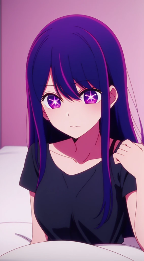 in bed, purple color hair and purple eyes, black shirt and no bra, anime visual of a cute girl, screenshot from the anime film, & her expression is solemn, in the anime film, in an anime, anime visual of a young woman, she has a cute expressive face, still from anime, big breast, red cheek, lustful face, fair skin