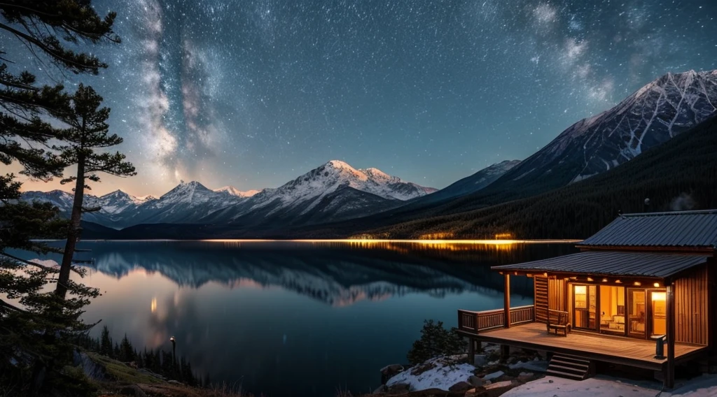 A distant mountain hut in the moonlight、Candle flame、lake、Balcony