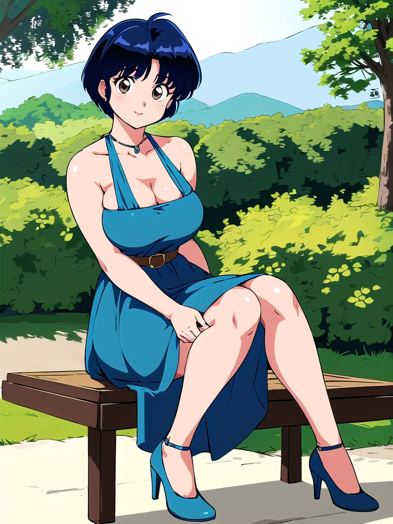 HDR, CG, sharp focus, (8k), (4k), masterpiece, best quality, detailed skin, extremely detailed, hiper detailed, sharp focus, looking at viewer, high quality, AKANE, Akane tendou, short hair, blue hair, brown eyes ,curtain pelvic DRESS, tetas grandes bush, solo, 1girl, sit on bench, park background, hands on chest, heels, white dress, cute smile, thick legs,