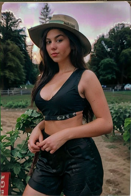 polaroid photo, night photo, 24 year old photo.oh beautiful woman, Kale, beautiful girl, cowboy hat, funny fingers, high resolution, in a skin-tight black outfit, play guitar, hyper detail, fully body, farm, farm, with animals.