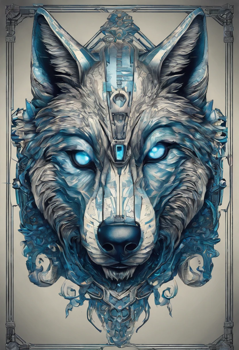 top-quality, Dramatic Writing,Blue glowing eyeballs， menacing pose, fierce look, epic atmosphere, (((Helmet in the shape of a wolf's head))), (((Full body shot))), chromatic metal Wolf, cyborgs, Cyberpunk style, Clockwork, ((Intricate details)), nffsw, ((Intricate details, hyperdetails)), incandescent lamps, cinematic shot, Vignette, bokeh effect beckground, (respect), (Full body shot).