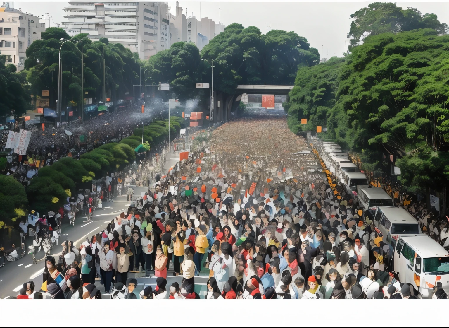 Ghibli Style　manga　araful crowd of people walking down a street with a truck in the middle, large crowd, jakarta, south jakarta, big crowd, in front of a large crowd, massive crowd, wide scene, crowded street, 3580780586, crowd, protest movement, live, many people walking about