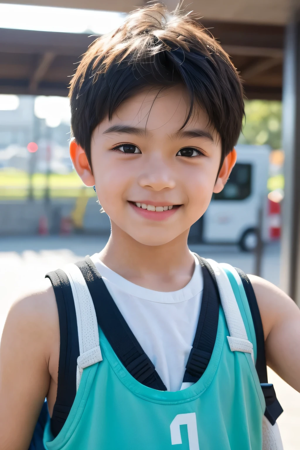 There is a smiling 11 years old  Arafed young boy wearing a singlet with backpack at the bus station, Cute boy, close up portrait shot, Happy kids, Younboy, joyful expressions, medium portrait soft light, kid a, young cute asian face, good lighted photo, portrait soft light, at the parking lot, detail background, half body portrait, The boy has awesome hair style, backlight photo sample，Make a Disney avatar feel