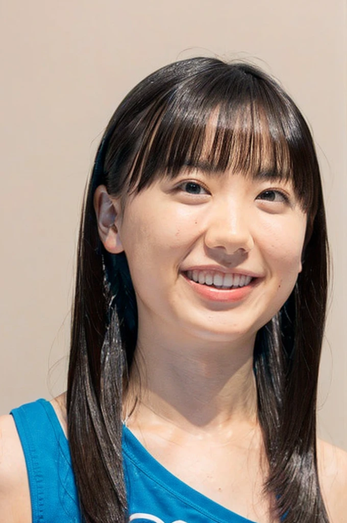 upper body, big eyes, flat chest, (arms behind back:1.1), make up:1.3, sport-bra, baby face, smile, long hair
