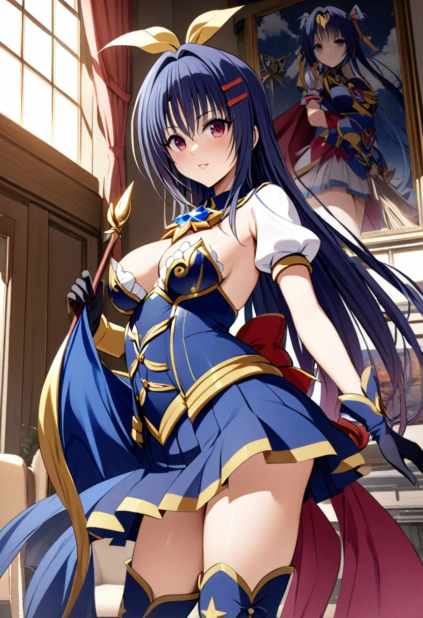 masterpiece, Highest quality, High resolution、Highest quality、unity 8k wallpaper、32k、Very detailed、超High resolution、Very detailedな顔、RAW Photos、Professional、Ultra-fine painting、Magical Girl Kujo Rin、Ultramarine and gold magical girl costume、Puff sleeves、Pleated skirt、Long gloves、High cut stiletto heel boots、On the chest is a large ultramarine and gold ribbon with a large sapphire brooch、Hair Clip、Hair Ribbon、Kujou Rin