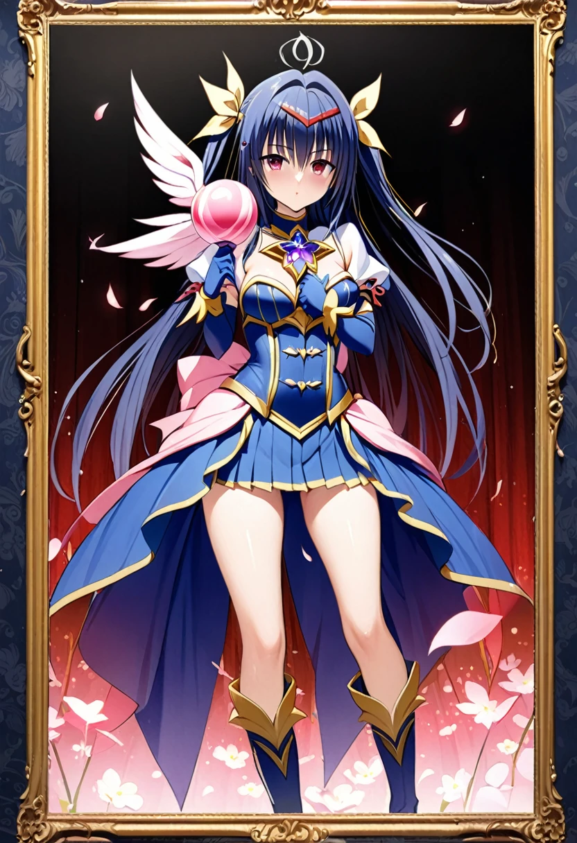 masterpiece, Highest quality, High resolution、Highest quality、unity 8k wallpaper、32k、Very detailed、超High resolution、Very detailedな顔、RAW Photos、Professional、Ultra-fine painting、Magical Girl Kujo Rin、Ultramarine and gold magical girl costume、Puff sleeves、Pleated skirt、Long gloves、High cut stiletto heel boots、On the chest is a large ultramarine and gold ribbon with a large sapphire brooch、Hair Clip、Hair Ribbon、Kujou Rin