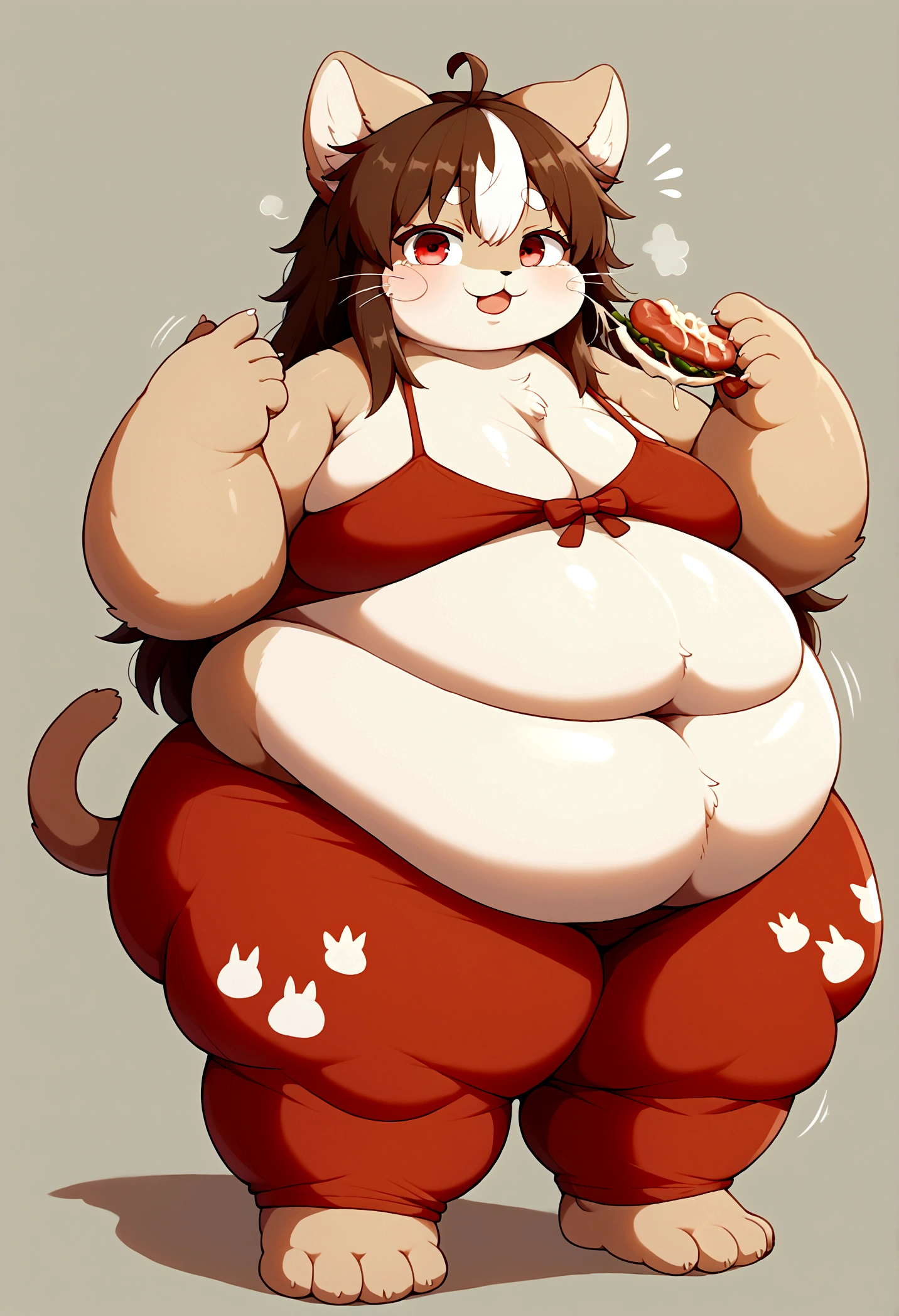 solo,simple background,brown hair,red eyes,1boy,looking at viewer,furry,animal ears,multicolored hair,red hair,full body,fat,cat boy,obesity,big,huge,massive,immobile,growing,expanding,commission,belly,gut,paws,meat mountain,extreme obesity,photo realistic,weight gain++++++++++++,Fat++,extremely obese body type,obese body,obese face,obese arms,obese legs,correct arm,correct pose,correct hands,correct finger,Realistic CG,Standing posture,obese,sagging,weight gain,overhang,fatfur,inflation,feeding,immobilized,stuffed,fat boy,fat, obese, sagging, moobs, weight gain, overhang, fatfur, immobile,Dress appropriately,pajamas,bedroom,warm,Meat Mountain,Extremely obese body type,obese body,obese face,obese arms，obese legs,paunchy,inflation,Arrogant,fattening,feeding,weight_gain,Fit-to-Fat,Greedy,Couch,big fat,ssbhm,ass,booty,Excess meat,loll,good-for-nothing,Lying down,aqua eyes,large sagging fat chest,Sagging fat chest,WeightObese,WeightChubby,WeightImmobile,fleshiness