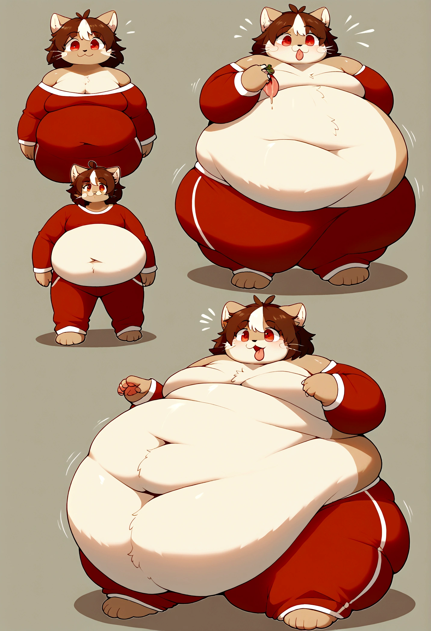 solo,simple background,brown hair,red eyes,1boy,looking at viewer,furry,animal ears,multicolored hair,red hair,full body,fat,cat boy,obesity,big,huge,massive,immobile,growing,expanding,commission,belly,gut,paws,meat mountain,extreme obesity,photo realistic,weight gain++++++++++++,Fat++,extremely obese body type,obese body,obese face,obese arms,obese legs,correct arm,correct pose,correct hands,correct finger,Realistic CG,Standing posture,obese,sagging,weight gain,overhang,fatfur,inflation,feeding,immobilized,stuffed,fat boy,fat, obese, sagging, moobs, weight gain, overhang, fatfur, immobile,Dress appropriately,pajamas,bedroom,warm,Meat Mountain,Extremely obese body type,obese body,obese face,obese arms,obese legs,paunchy,inflation,Arrogant,fattening,feeding,weight_gain,Fit-to-Fat,Greedy,Couch,big fat,ssbhm,ass,booty,Excess meat,loll,good-for-nothing,Lying down,aqua eyes,large sagging fat chest,Sagging fat chest,WeightObese,WeightChubby,WeightImmobile,fleshiness