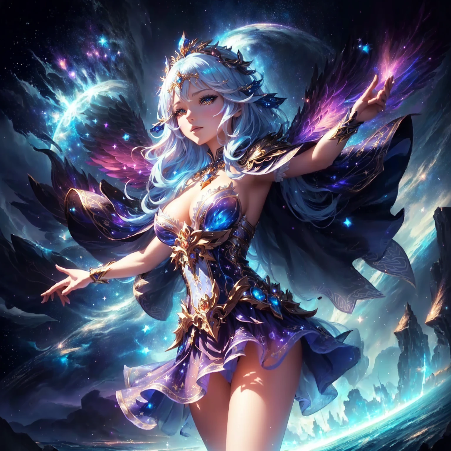 a woman in a dress with a cape and wings on her chest, beautiful celestial mage, anime fantasy artwork, 2. 5 d cgi anime fantasy artwork, anime fantasy illustration, goddess of galaxies, extremely detailed artgerm, shadowverse style, anime epic artwork, anime goddess, beautiful fantasy anime, epic fantasy art style hd, detailed digital anime art, beautiful sorceress