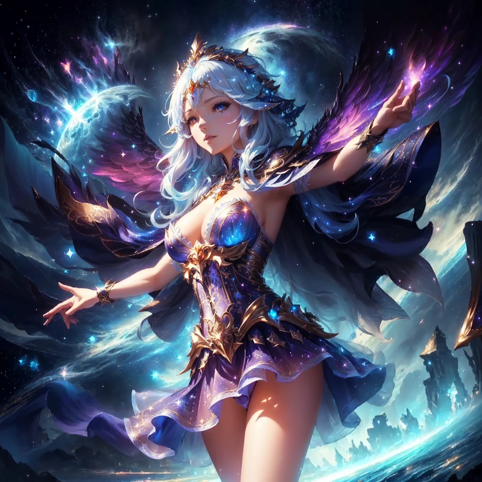 a woman in a dress with a cape and wings on her chest, beautiful celestial mage, anime fantasy artwork, 2. 5 d cgi anime fantasy artwork, anime fantasy illustration, goddess of galaxies, extremely detailed artgerm, shadowverse style, anime epic artwork, anime goddess, beautiful fantasy anime, epic fantasy art style hd, detailed digital anime art, beautiful sorceress