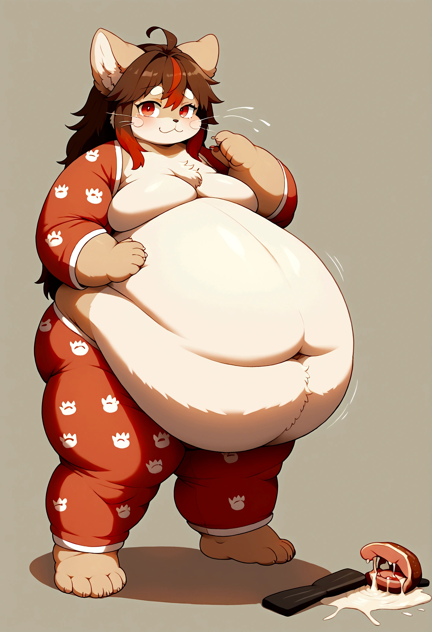 solo,simple background,brown hair,red eyes,1boy,looking at viewer,furry,animal ears,multicolored hair,red hair,full body,fat,cat boy,obesity,big,huge,massive,immobile,growing,expanding,commission,belly,gut,paws,meat mountain,extreme obesity,photo realistic,weight gain++++++++++++,Fat++,extremely obese body type,obese body,obese face,obese arms,obese legs,correct arm,correct pose,correct hands,correct finger,Realistic CG,Standing posture,obese,sagging,weight gain,overhang,fatfur,inflation,feeding,immobilized,stuffed,fat boy,fat, obese, sagging, moobs, weight gain, overhang, fatfur, immobile,Dress appropriately,pajamas,bedroom,warm,Meat Mountain,Extremely obese body type,obese body,obese face,obese arms,obese legs,paunchy,inflation,Arrogant,fattening,feeding,weight_gain,Fit-to-Fat,Greedy,Couch,big fat,ssbhm,ass,booty,Excess meat,loll,good-for-nothing,Lying down,aqua eyes,large sagging fat chest,Sagging fat chest,WeightObese,WeightChubby,WeightImmobile,fleshiness