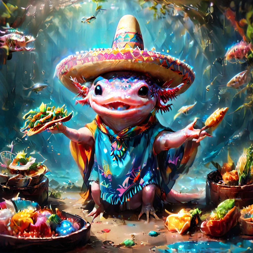 (masterpiece:1.5) axomdel2, A happy axolotl wearing sombrero and poncho, with details of tacos