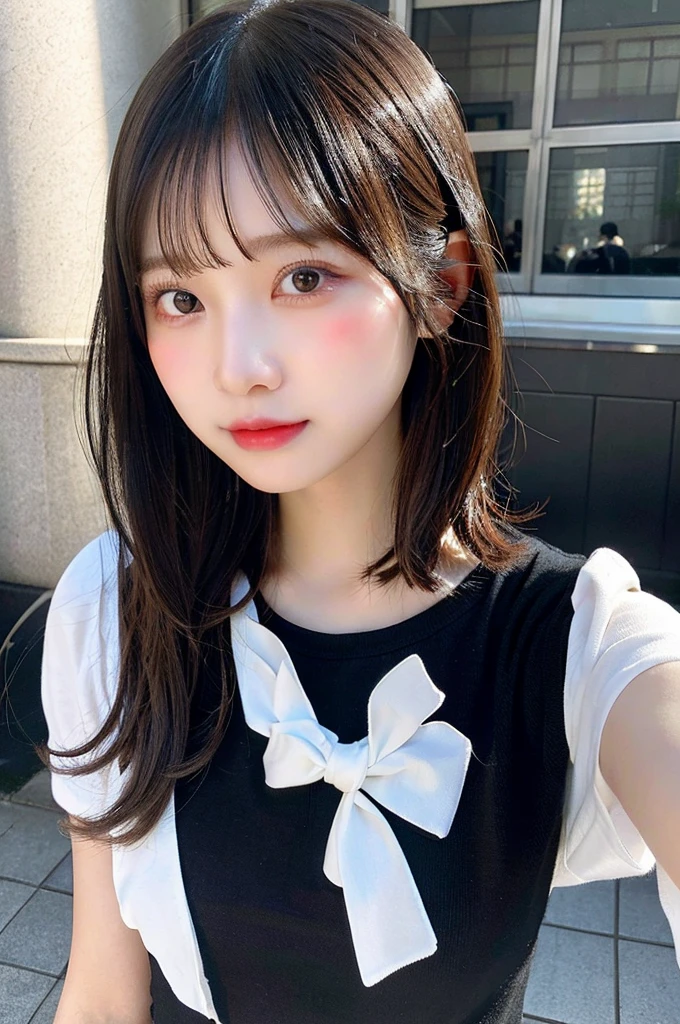 high resolution、8K、Bobcut、girl、Medium length、可愛いgirl、Japanese Idols、Age 25、Black Hair、beauty、Young Japanese Woman、Detailed、Highest quality、Black clothes、Boyish clothes、Wearing a white face mask、University生、Beautiful eyes、Red cheeks with blush、Double、School、University、Selfie
