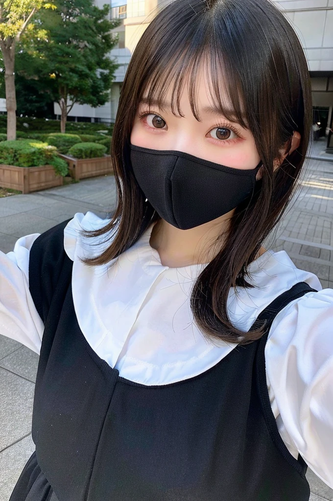 high resolution、8K、Bobcut、girl、Medium length、可愛いgirl、Japanese Idols、Age 25、Black Hair、beauty、Young Japanese Woman、Detailed、Highest quality、Black clothes、Boyish clothes、Wearing a white face mask、University生、Beautiful eyes、Red cheeks with blush、Double、School、University、Selfie