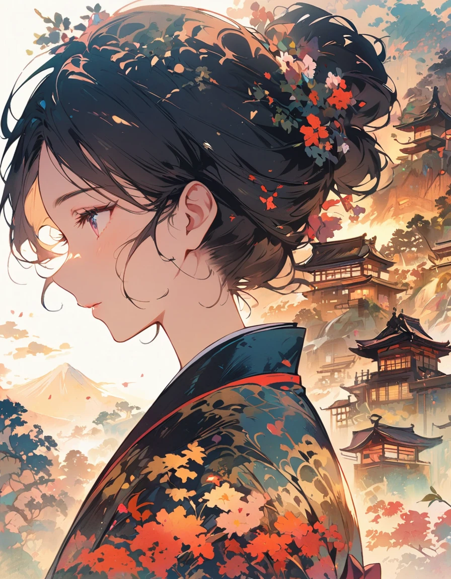Girl silhouette, filled with scenes of old Japan , traditional japanese landscape, close-up, double exposure, White background