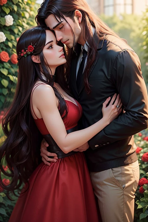 A woman and a man embracing in a flower garden. The woman has long, wavy brown hair and is wearing a red dress.. The man is muscular and has long, black hair with red highlights., his eyes are red and he is wearing black clothes 