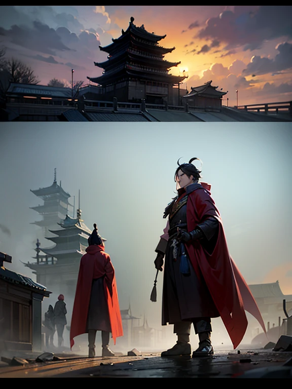 Anime style city scene with a man in a cloak, Ghosts of Tsushima, Traditional Japanese concept art, Dreamy city in China, Ancient Chinese Town, Axe and the World of Bloodborne, Cyberpunk Chinese Temple, 4k resolution concept art, Chinese cities, 4K Concept Art, 4K Concept Art, Houju concept art, Concept art Great atmosphere