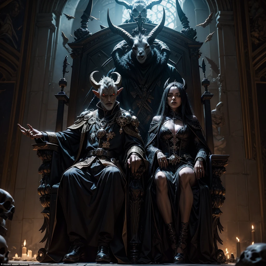 A goat-like devil sitting on a throne, around him some dark witches with a disturbing appearance, on the ground in front of the throne there are some skulls