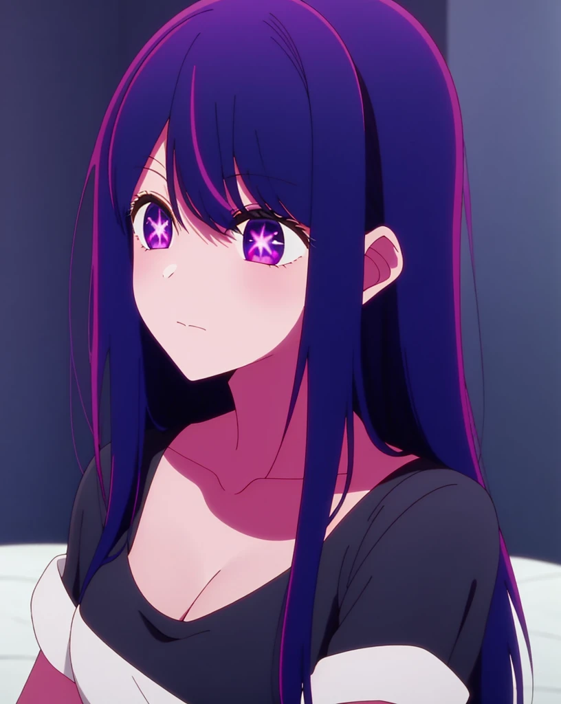 in bed, purple color hair and purple eyes, black shirt and no bra, anime visual of a cute girl, screenshot from the anime film, & her expression is solemn, in the anime film, in an anime, anime visual of a young woman, she has a cute expressive face, still from anime, big breast, red cheek, lustful face, fair skin
