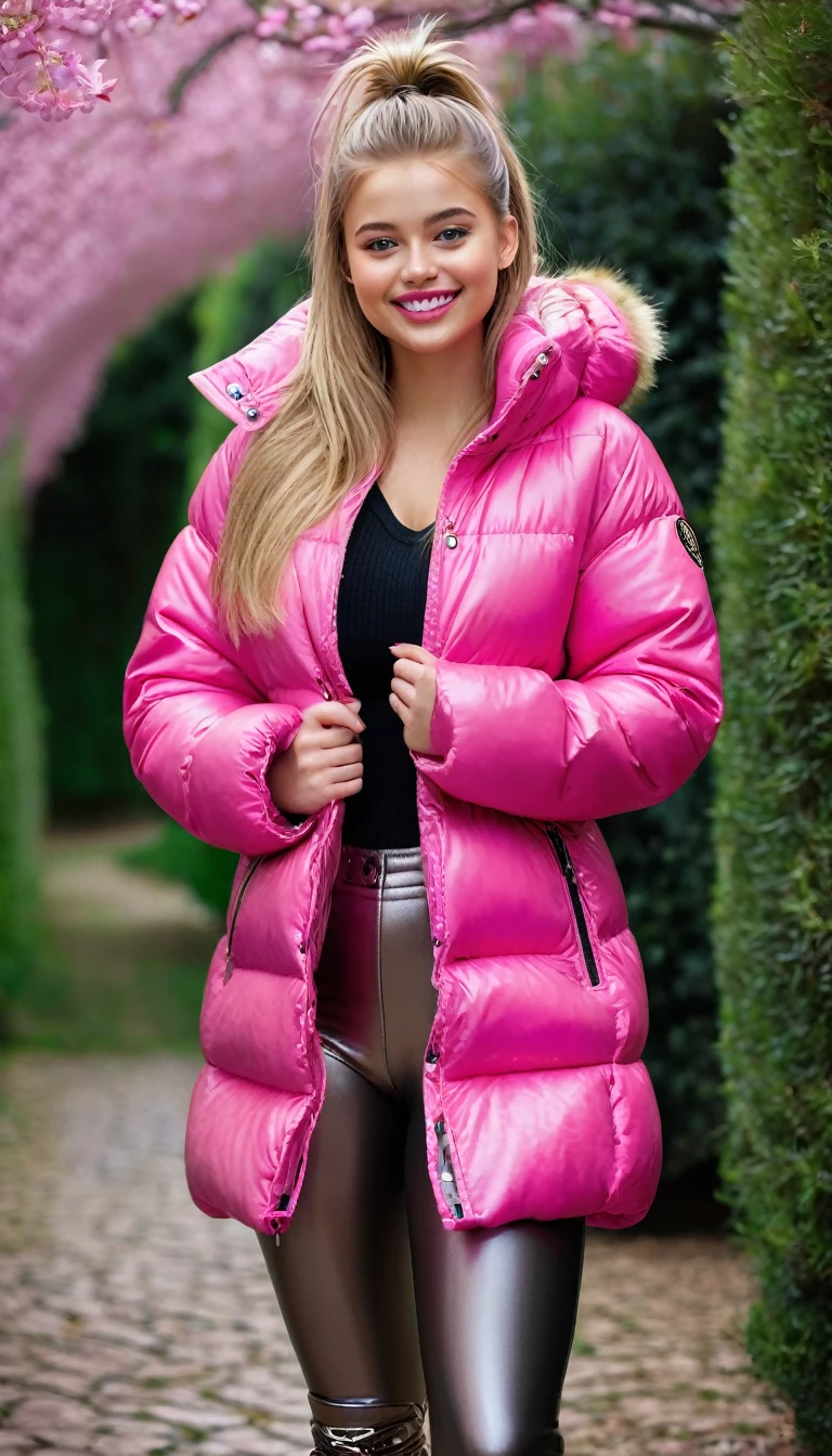 ultrarealistic high quality full body photo of a beautiful busty slim european 18-year-old woman with cute hyperdetailed shy face and natural blonde straight long ponytail and shy smile , realistic round hazel eyes, natural lips, light makeup, wearing shiny metallic hot pink puffer coat and leather pants, hourglass body, outdoor photography, tanned, nsfw